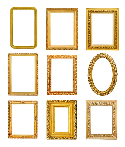 Forma diversa cornici dorate su sfondo bianco — Foto Stock