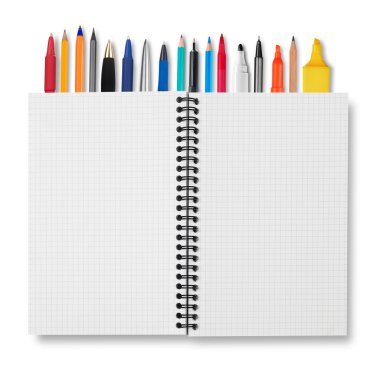 Defter, kalem, kalem beyaz arka plan üzerinde