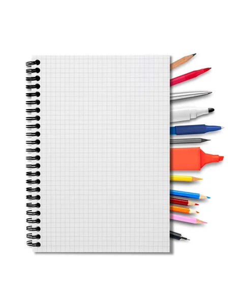 Notebook, pens and pencils — Stock Photo, Image