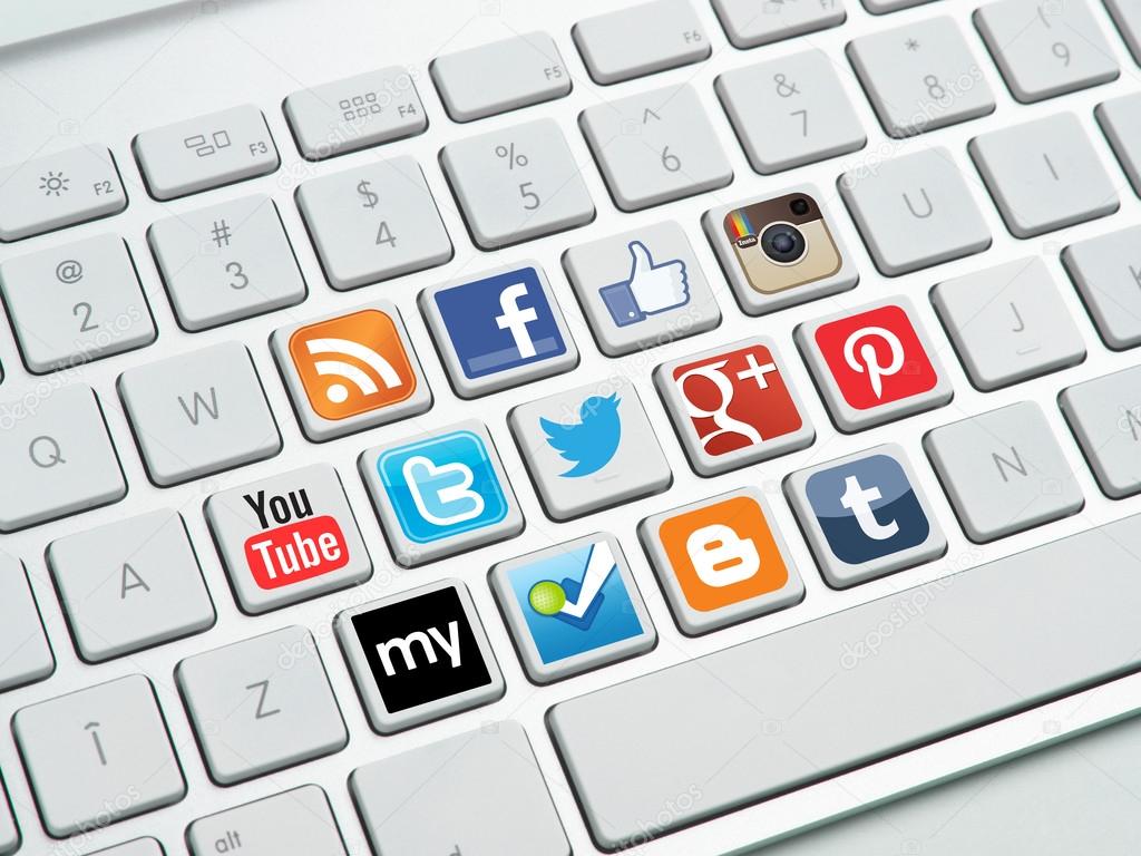 Computer keyboard with social media buttons like Facebook, Google plus, Twitter, You tube and more.