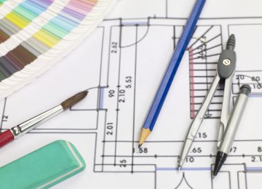 Blueprints and office supplies clipart