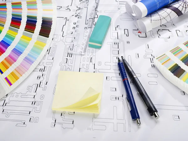 Blueprints and office supplies — Stock Photo, Image