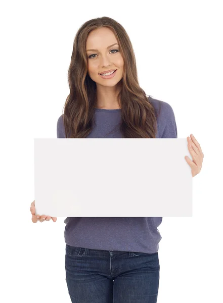 Cheerful young woman with banner — Stock Photo, Image
