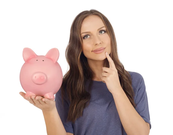 Jovem mulher com porquinho banco — Fotografia de Stock