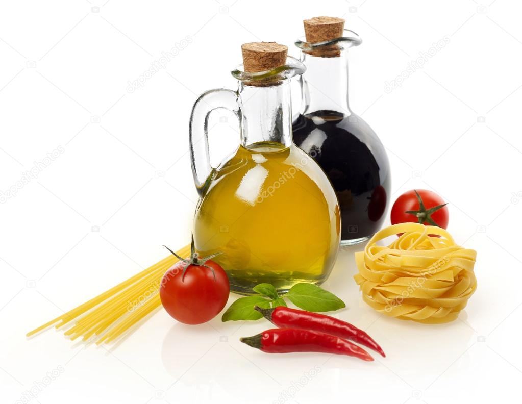 Pasta ingredients on white