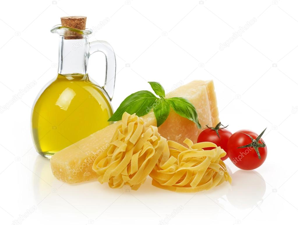 Pasta ingredients on white