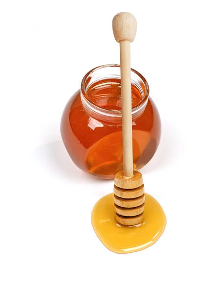 Honey jar and dipper — Stock Photo, Image