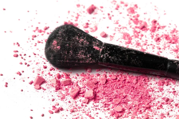 Cepillo Maquillaje Polvo Sobre Fondo Rosa —  Fotos de Stock