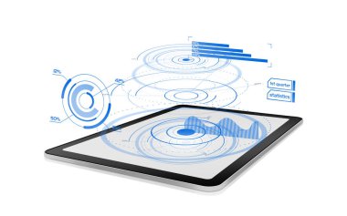 Futuristic diagrams and chart projections on a digital tablet clipart