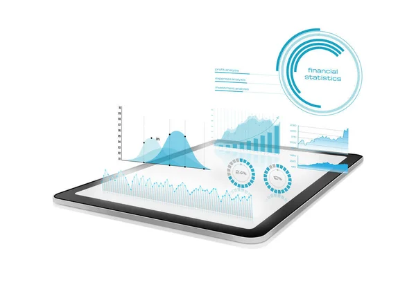 Diagramas Gráficos Projetados Partir Tablet Digital Sobre Fundo Branco — Fotografia de Stock