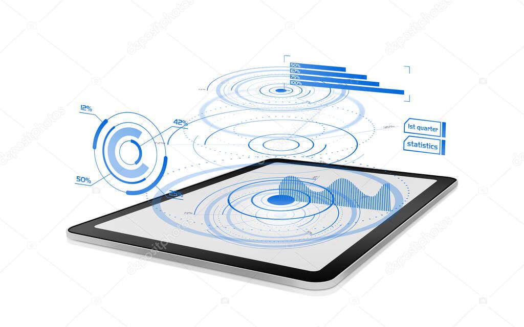 Futuristic diagrams and chart projections on a digital tablet