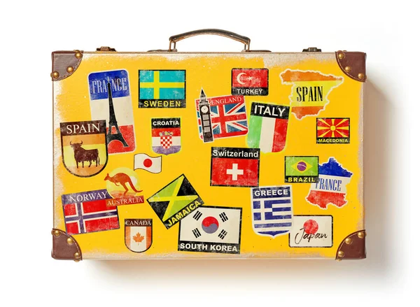 Yellow Luggage Country Stickers White Background — Stock Photo, Image