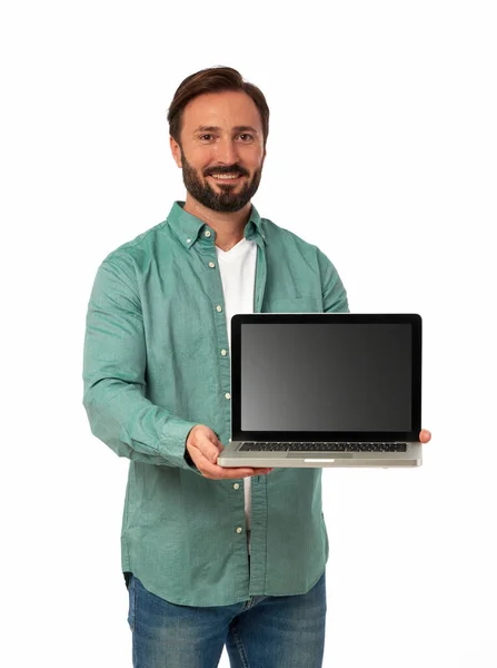 Jeune Homme Avec Ordinateur Portable Fond Blanc — Photo