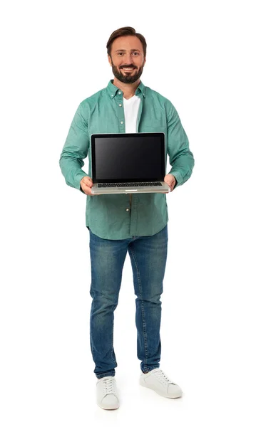 Jongeman Met Laptop Witte Achtergrond — Stockfoto