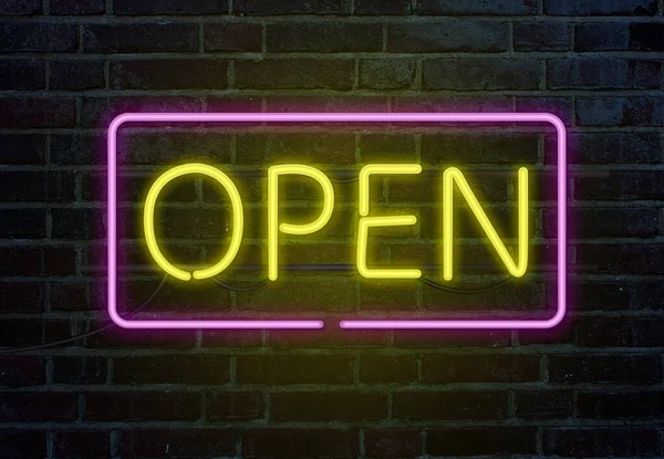 Open Neon Sign Brick Wall — Stock Photo, Image