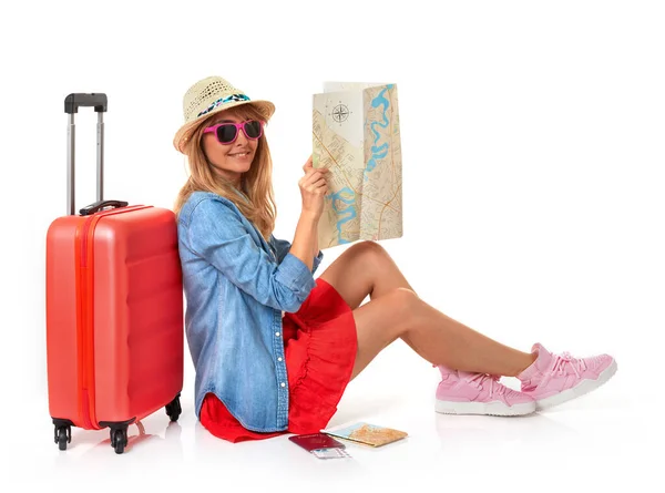 Caucasian Woman Suitcase Summer Clothes White Background — Stock Photo, Image