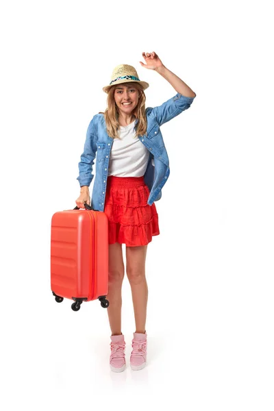 Cheerful Woman Suitcase White Background — Stock Photo, Image