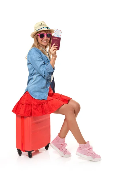 Caucasian Woman Suitcase Summer Clothes White Background — Stock Photo, Image