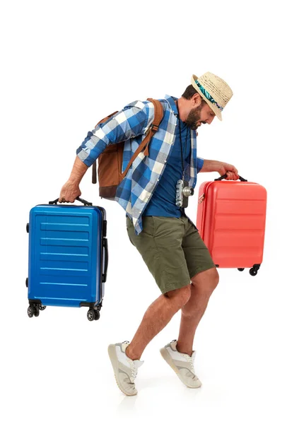 Cheerful Man Suitcases White Background — Stock Photo, Image