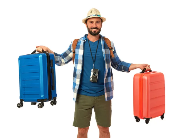 Cheerful Man Suitcase White Background — Stock Photo, Image