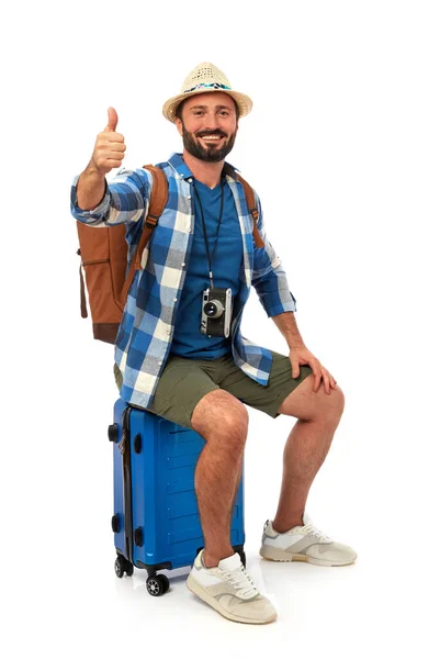 Homem Roupas Verão Com Mala Fundo Branco — Fotografia de Stock