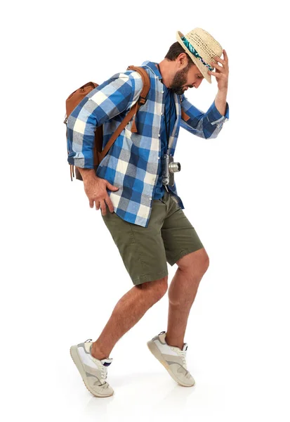 Fröhlicher Mann Mit Rucksack Auf Weißem Hintergrund — Stockfoto