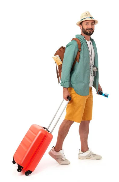 Cheerful Man Backpack Suitcase Photo Camera White Background — Stock Photo, Image