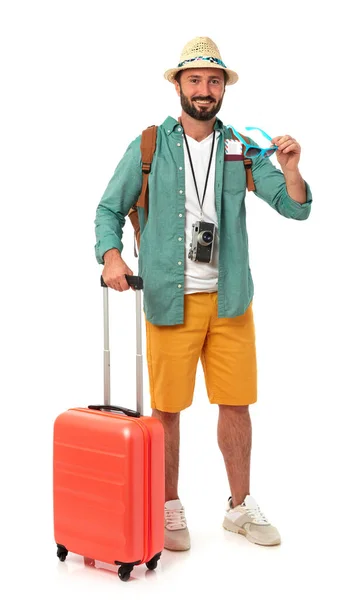 Cheerful Man Backpack Suitcase Photo Camera White Background — Stock Photo, Image