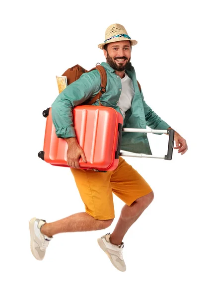 Homem Alegre Com Mala Fundo Branco — Fotografia de Stock