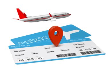 Uçak, bilet ve işaretçi beyaza izole edilmiş.