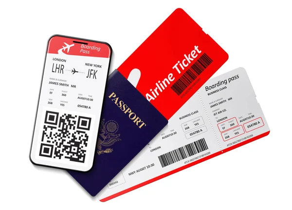 Bilhetes Avião Passaporte Cartão Embarque Móvel — Fotografia de Stock