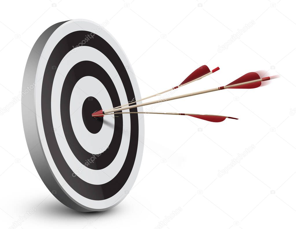Dartboard and arrow on white background