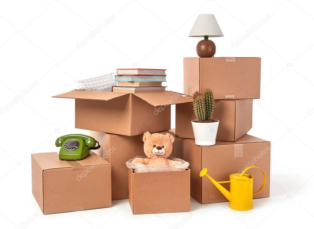 Cardboard boxes with house stuff