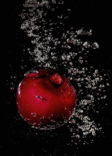 Rote Zwiebel Die Wasser Vor Schwarzem Hintergrund Plätschert — Stockfoto