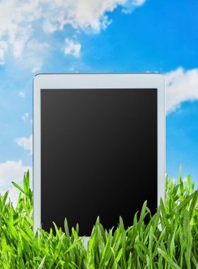 Çimlerin üzerinde dijital tablet var.