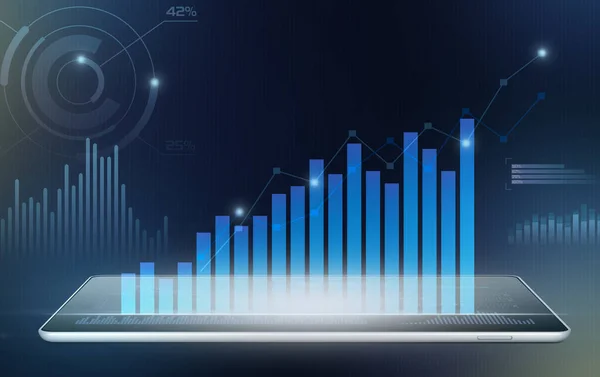 Blue Financial Charts Projected Digital Tablet — Stock Photo, Image