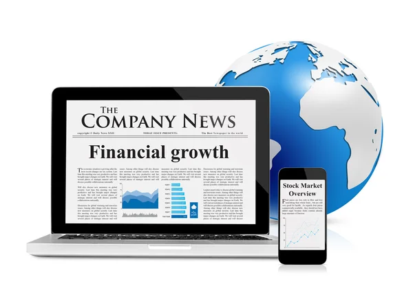 Business news feed on mobile devices and globe — Stock Photo, Image