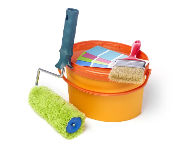Paint roller, paint brush and paint bucket — Stock Photo, Image