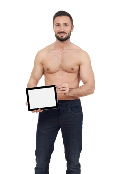 Homem alegre com tablet digital — Fotografia de Stock