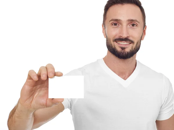 Cheerful man with business card — Stock Photo, Image