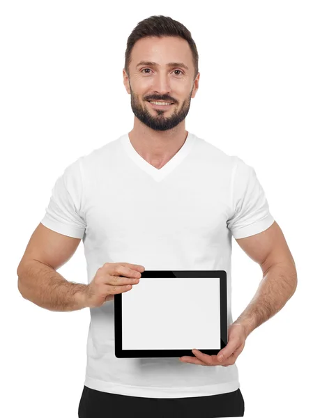 Homem alegre com tablet digital — Fotografia de Stock