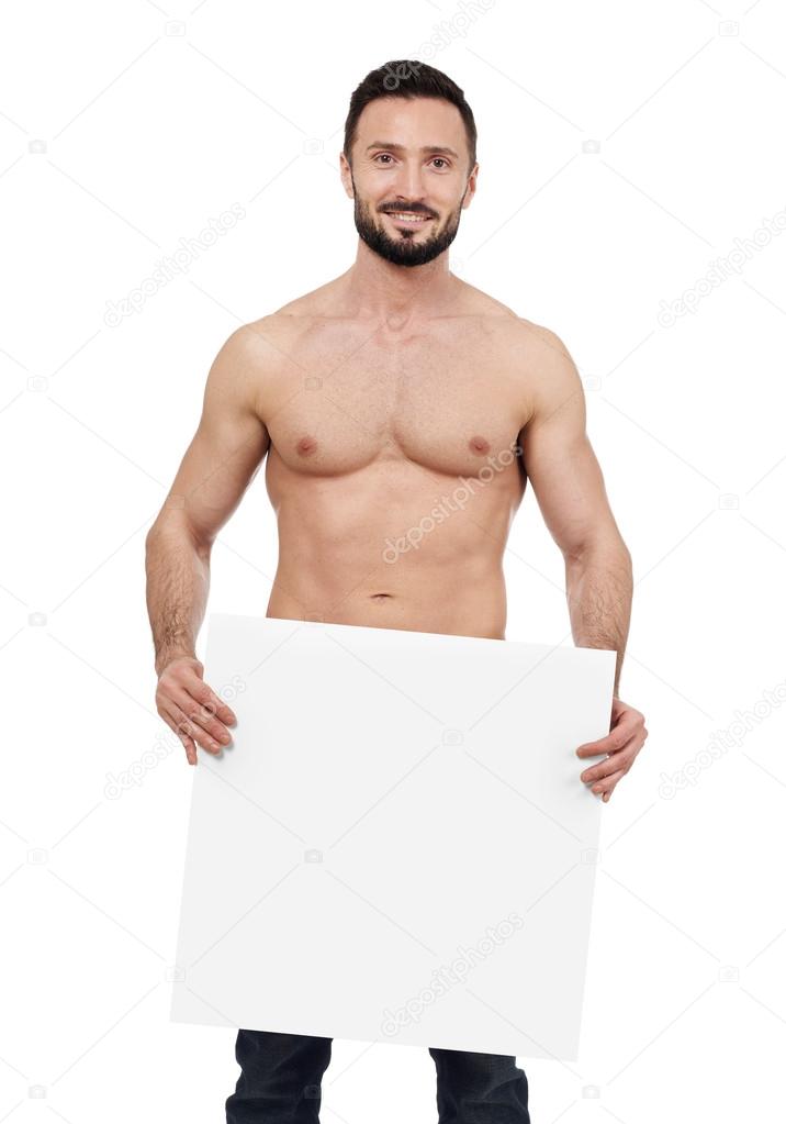 Shirtless man with blank sign