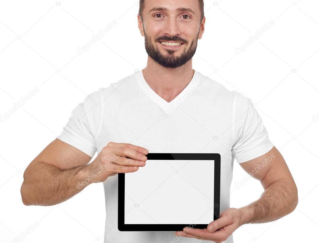 Cheerful man with digital tablet