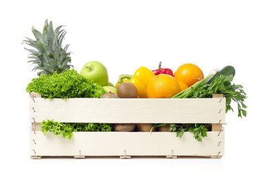 Fruits and vegetables on wooden crane clipart