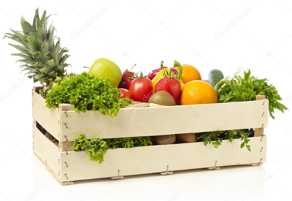 Crate with fruits and vegetable