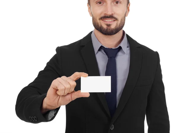 Cheerful man with business card — Stock Photo, Image