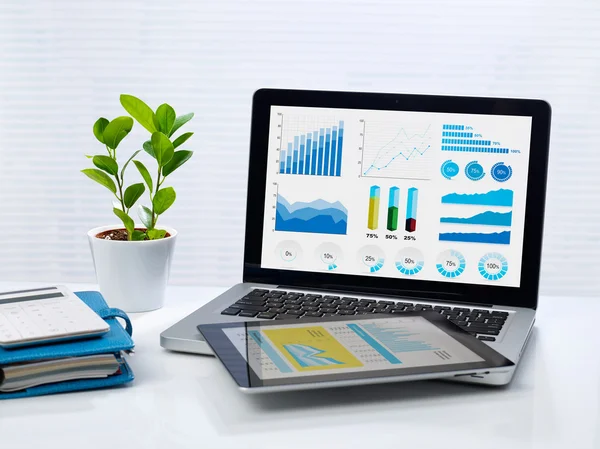 Financial graphs on laptop and tablet — Stock Photo, Image