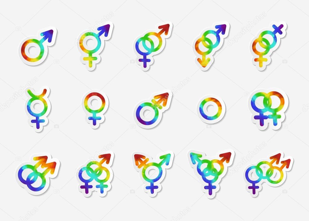 Gender identity icon set. Bisexual, female and male, gay and lesbian, transgender, homosexual, transsexual, hetero and other symbols. Sticker with watercolor effect. Vector illustration.