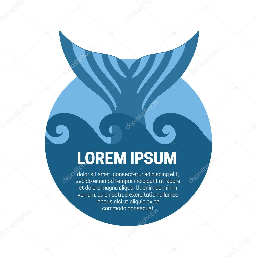 Blue whale tail label. Vector isolated illustration.