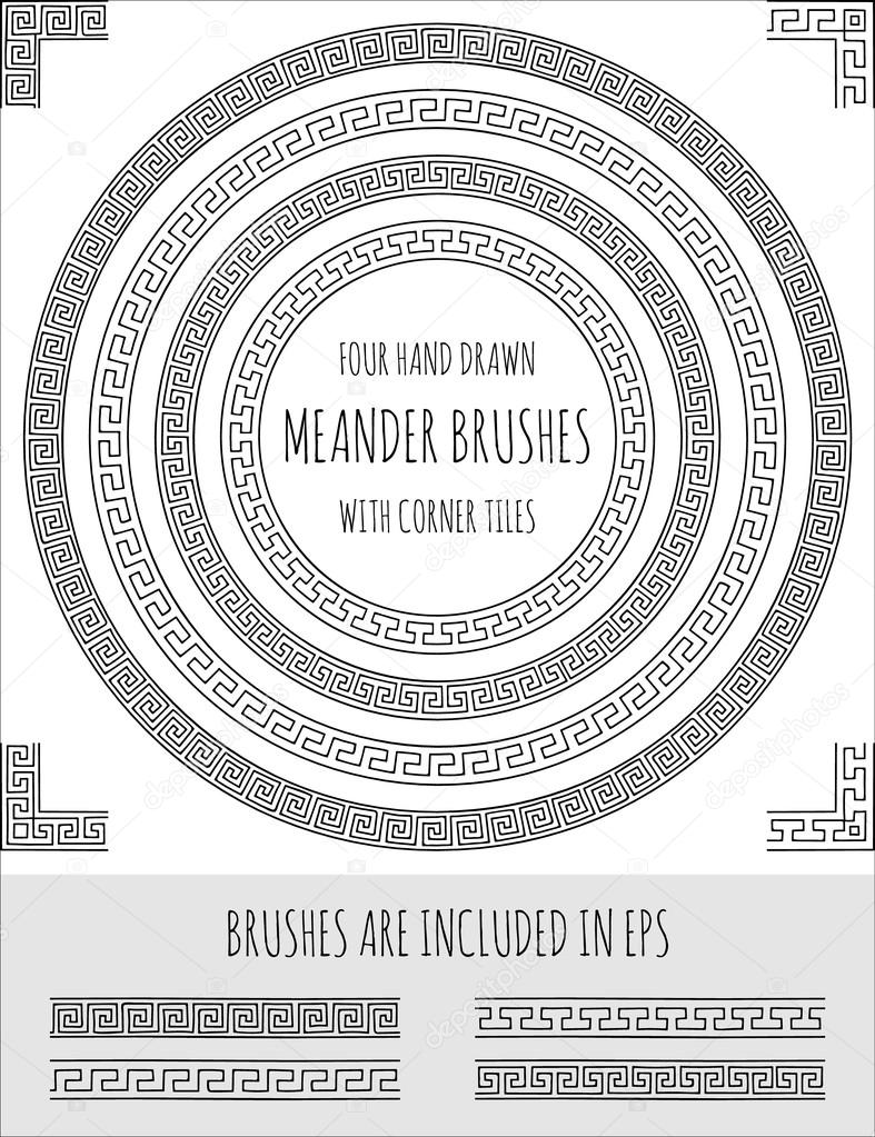 Vector set of four hand drawn meander brushes